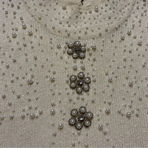 Graft Golden Ivory Metallic Pearled Beaded Silk Blend Womens Size Medium‎ Top - Picture 2 of 7